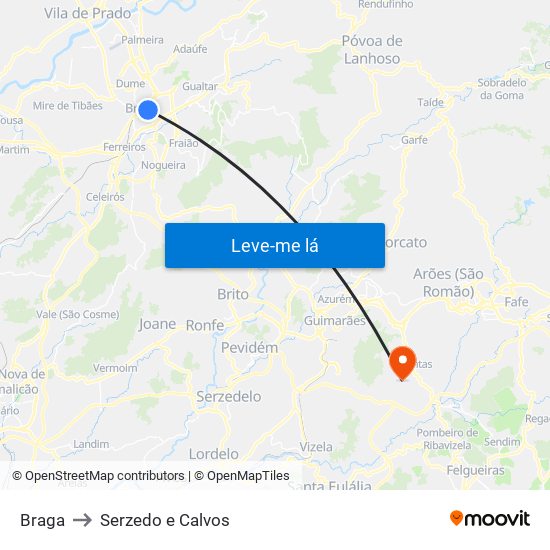 Braga to Serzedo e Calvos map