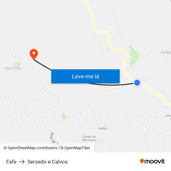 Fafe to Serzedo e Calvos map