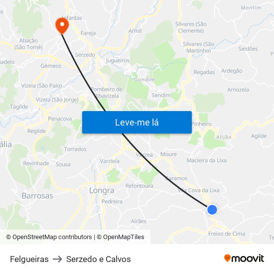 Felgueiras to Serzedo e Calvos map