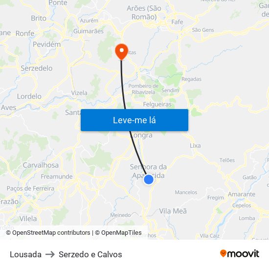 Lousada to Serzedo e Calvos map