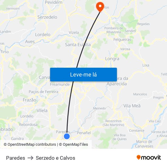 Paredes to Serzedo e Calvos map