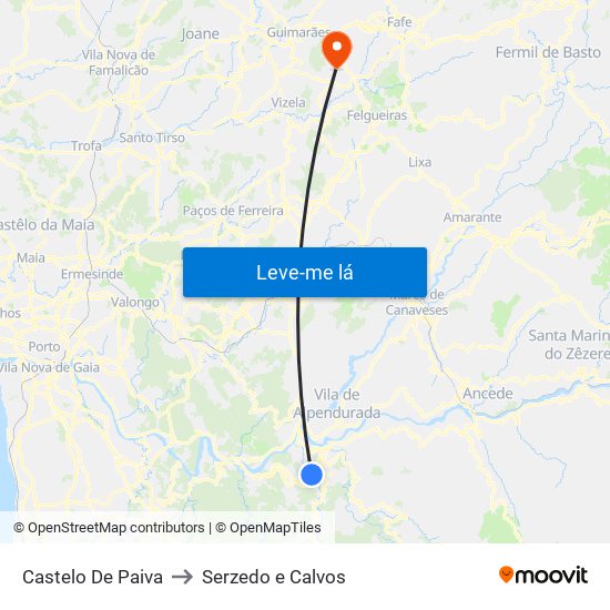 Castelo De Paiva to Serzedo e Calvos map