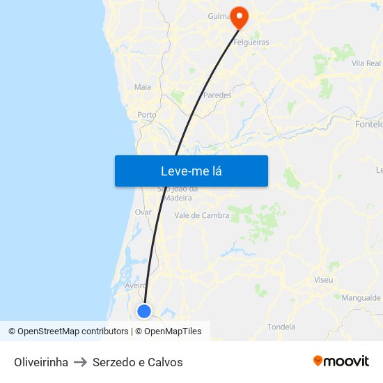 Oliveirinha to Serzedo e Calvos map