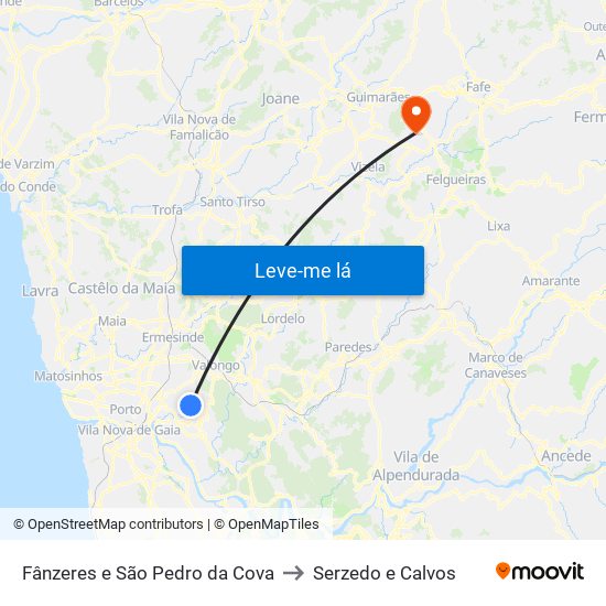 Fânzeres e São Pedro da Cova to Serzedo e Calvos map