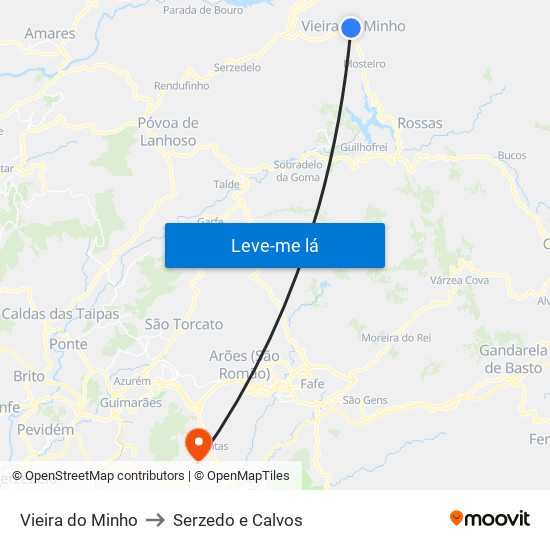 Vieira do Minho to Serzedo e Calvos map