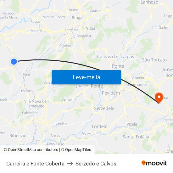 Carreira e Fonte Coberta to Serzedo e Calvos map