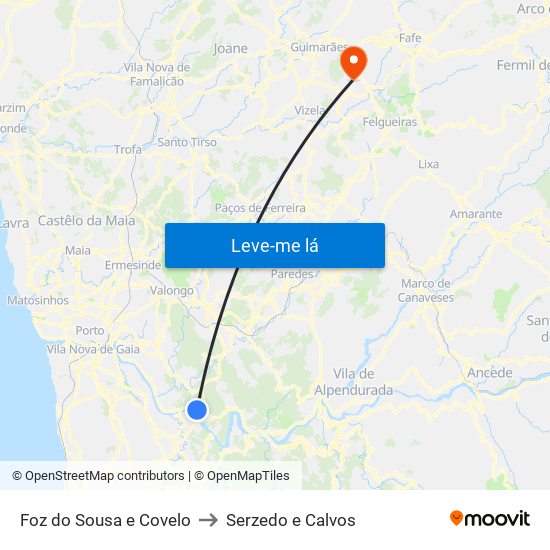 Foz do Sousa e Covelo to Serzedo e Calvos map