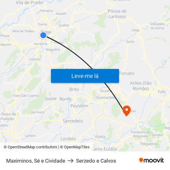 Maximinos, Sé e Cividade to Serzedo e Calvos map