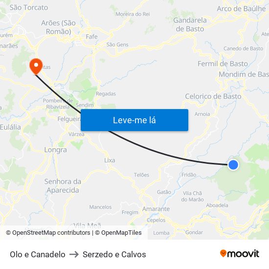 Olo e Canadelo to Serzedo e Calvos map