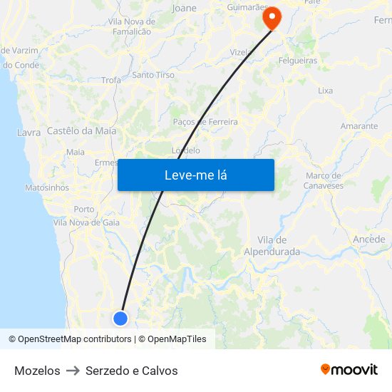 Mozelos to Serzedo e Calvos map