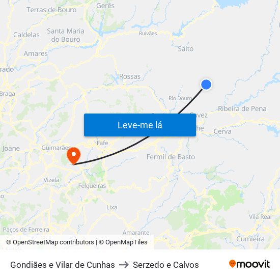 Gondiães e Vilar de Cunhas to Serzedo e Calvos map