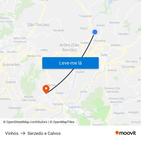 Vinhós to Serzedo e Calvos map