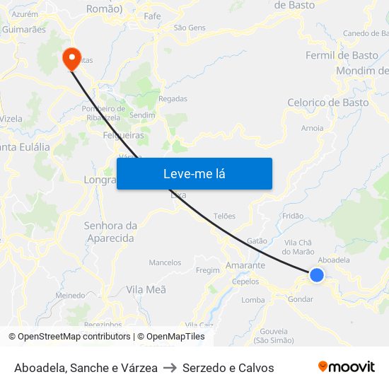 Aboadela, Sanche e Várzea to Serzedo e Calvos map