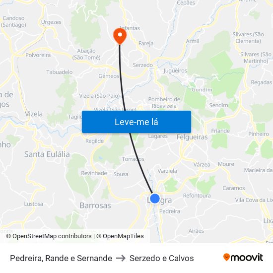 Pedreira, Rande e Sernande to Serzedo e Calvos map