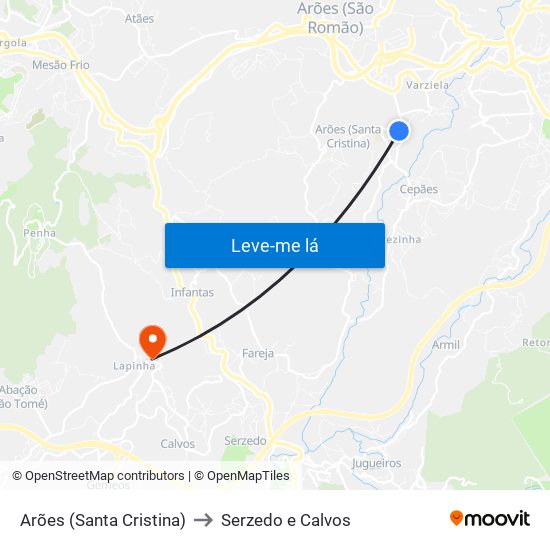Arões (Santa Cristina) to Serzedo e Calvos map