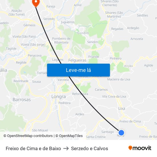 Freixo de Cima e de Baixo to Serzedo e Calvos map