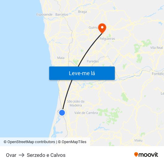 Ovar to Serzedo e Calvos map