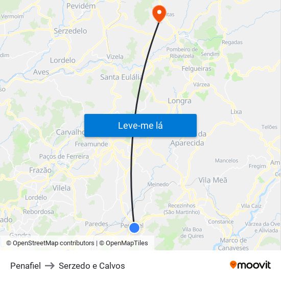 Penafiel to Serzedo e Calvos map