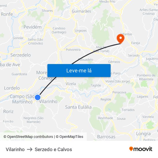 Vilarinho to Serzedo e Calvos map