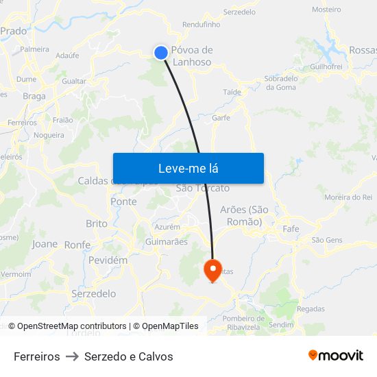 Ferreiros to Serzedo e Calvos map