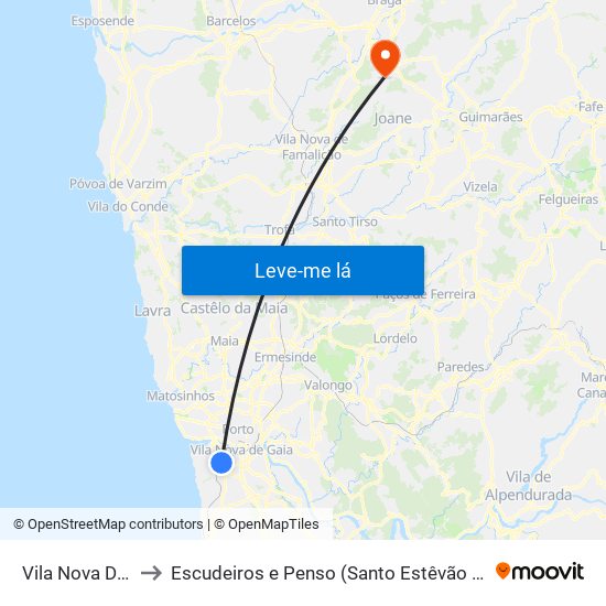 Vila Nova De Gaia to Escudeiros e Penso (Santo Estêvão e São Vicente) map