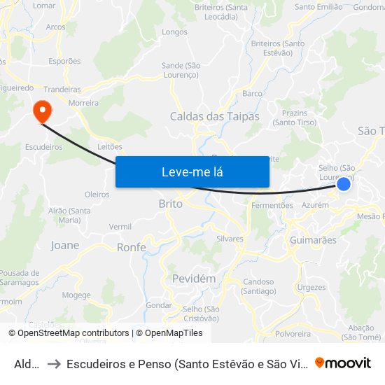 Aldão to Escudeiros e Penso (Santo Estêvão e São Vicente) map
