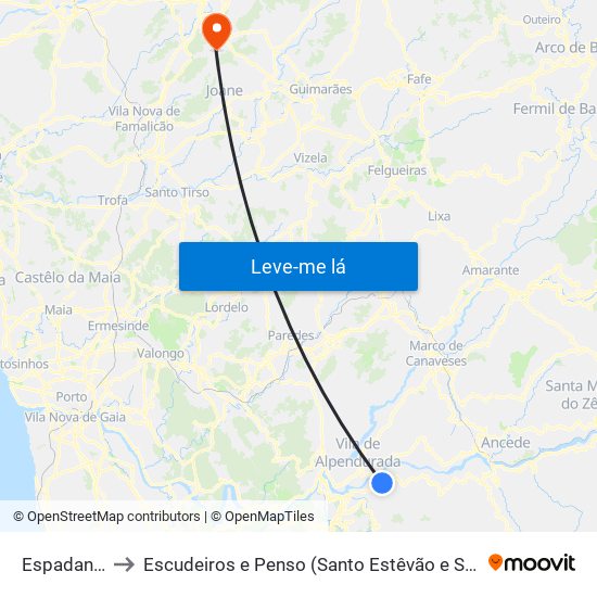 Espadanedo to Escudeiros e Penso (Santo Estêvão e São Vicente) map