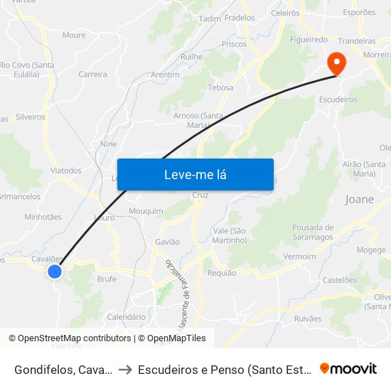 Gondifelos, Cavalões e Outiz to Escudeiros e Penso (Santo Estêvão e São Vicente) map