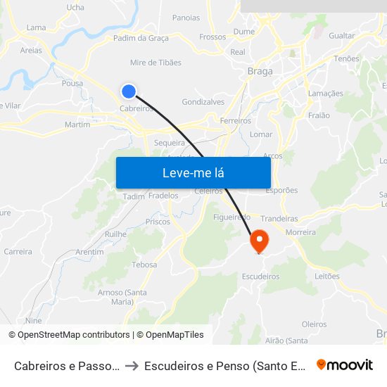 Cabreiros e Passos (São Julião) to Escudeiros e Penso (Santo Estêvão e São Vicente) map