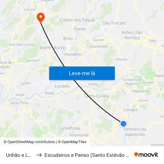 Unhão e Lordelo to Escudeiros e Penso (Santo Estêvão e São Vicente) map