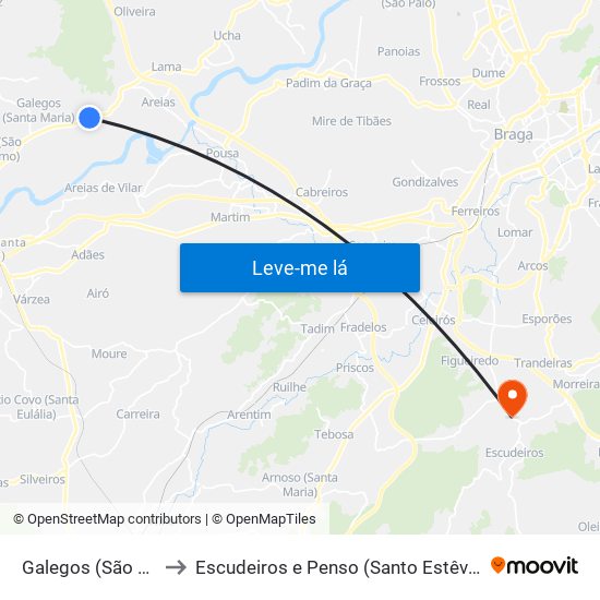 Galegos (São Martinho) to Escudeiros e Penso (Santo Estêvão e São Vicente) map