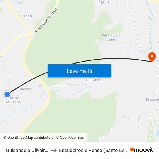 Guisande e Oliveira (São Pedro) to Escudeiros e Penso (Santo Estêvão e São Vicente) map