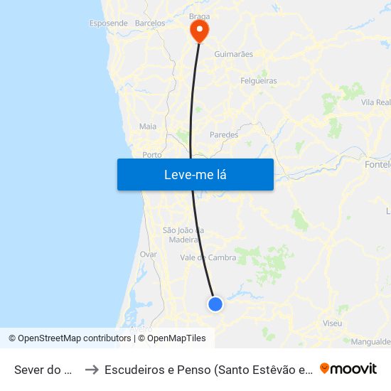 Sever do Vouga to Escudeiros e Penso (Santo Estêvão e São Vicente) map