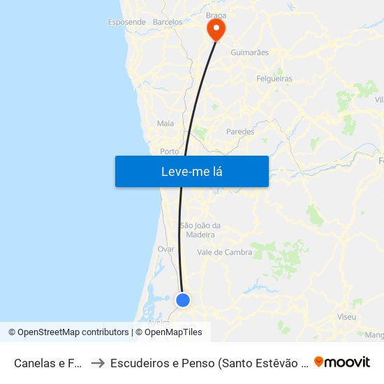 Canelas e Fermelã to Escudeiros e Penso (Santo Estêvão e São Vicente) map