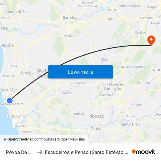 Póvoa De Varzim to Escudeiros e Penso (Santo Estêvão e São Vicente) map