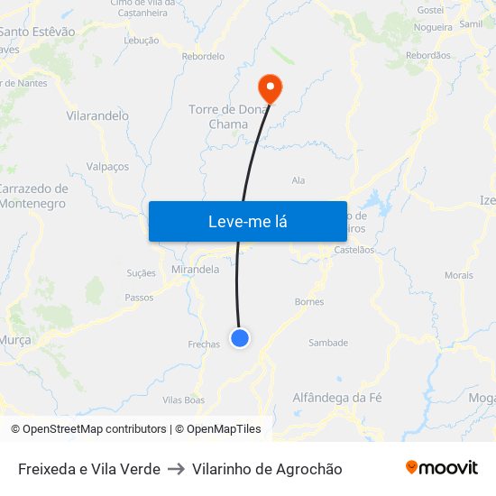 Freixeda e Vila Verde to Vilarinho de Agrochão map