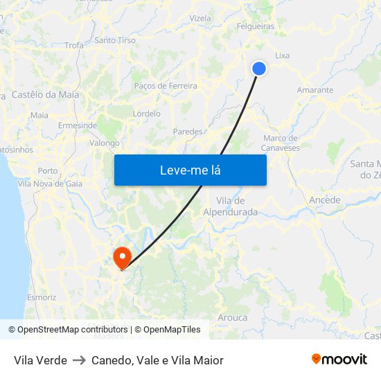 Vila Verde to Canedo, Vale e Vila Maior map