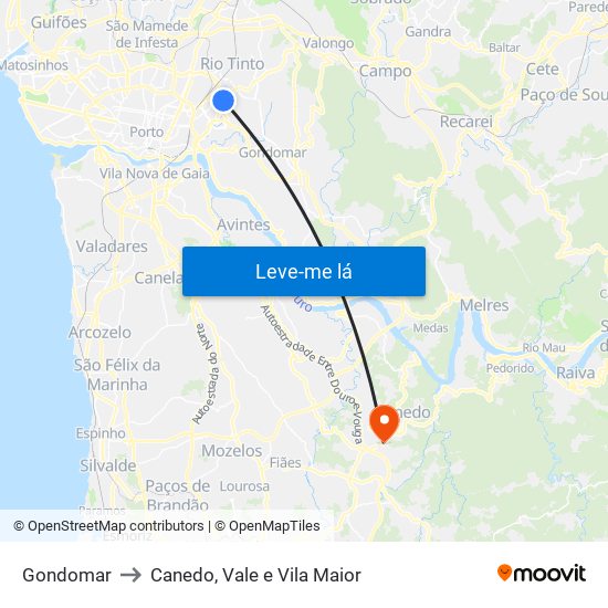 Gondomar to Canedo, Vale e Vila Maior map