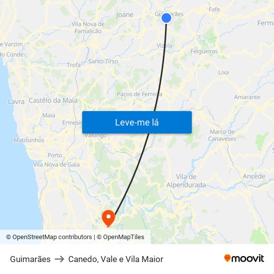 Guimarães to Canedo, Vale e Vila Maior map