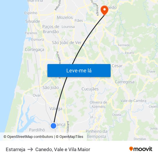 Estarreja to Canedo, Vale e Vila Maior map