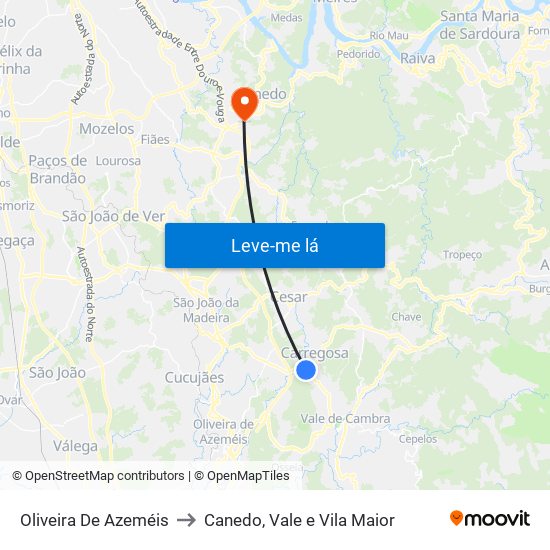 Oliveira De Azeméis to Canedo, Vale e Vila Maior map