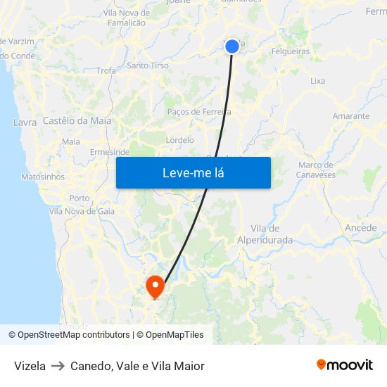 Vizela to Canedo, Vale e Vila Maior map