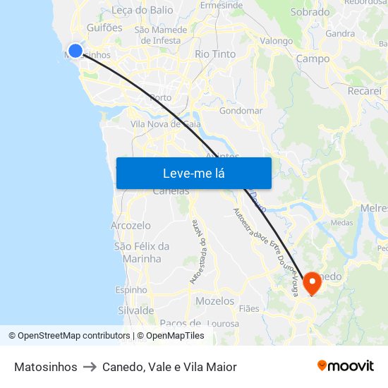 Matosinhos to Canedo, Vale e Vila Maior map