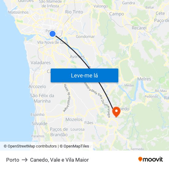 Porto to Canedo, Vale e Vila Maior map