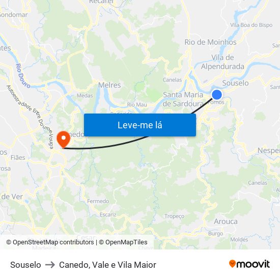 Souselo to Canedo, Vale e Vila Maior map
