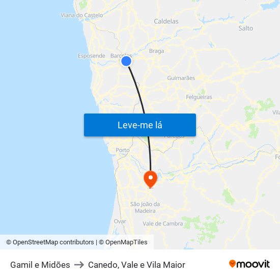 Gamil e Midões to Canedo, Vale e Vila Maior map