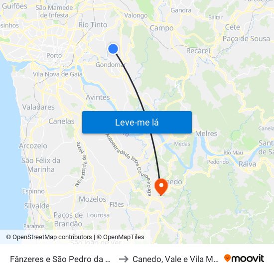 Fânzeres e São Pedro da Cova to Canedo, Vale e Vila Maior map