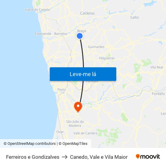 Ferreiros e Gondizalves to Canedo, Vale e Vila Maior map