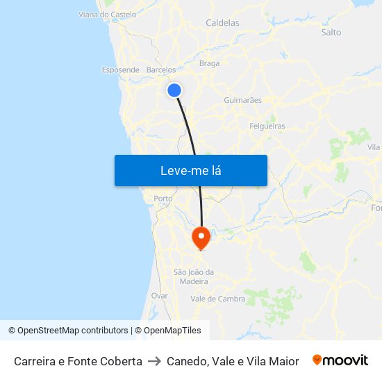 Carreira e Fonte Coberta to Canedo, Vale e Vila Maior map