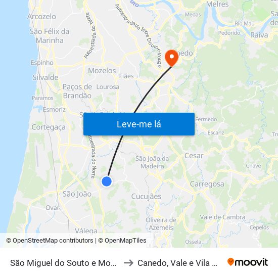 São Miguel do Souto e Mosteirô to Canedo, Vale e Vila Maior map